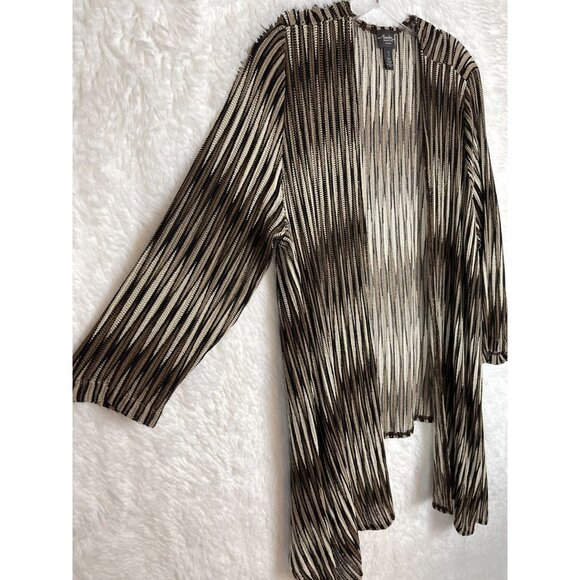 Chico's Size 3 Brown Cream Tan Striped Open Knit Cardigan Long Sleeve Stretch - Picture 3 of 9